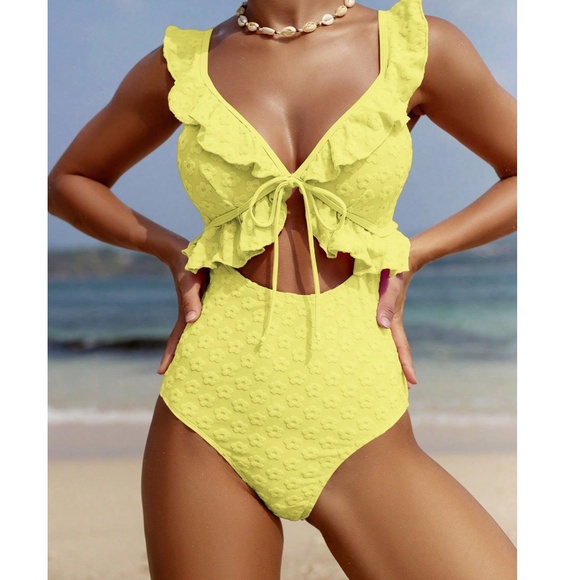 Floral Textured Print Plunging Neck Cut out Monokini One Piece Swimsuit - Picture 1 of 9